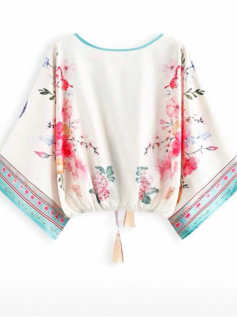 SHEIN, Ladies, White Floral Tie-Front Kimono Blouse with Turquoise Trim XL NEW - Picture 3 of 9